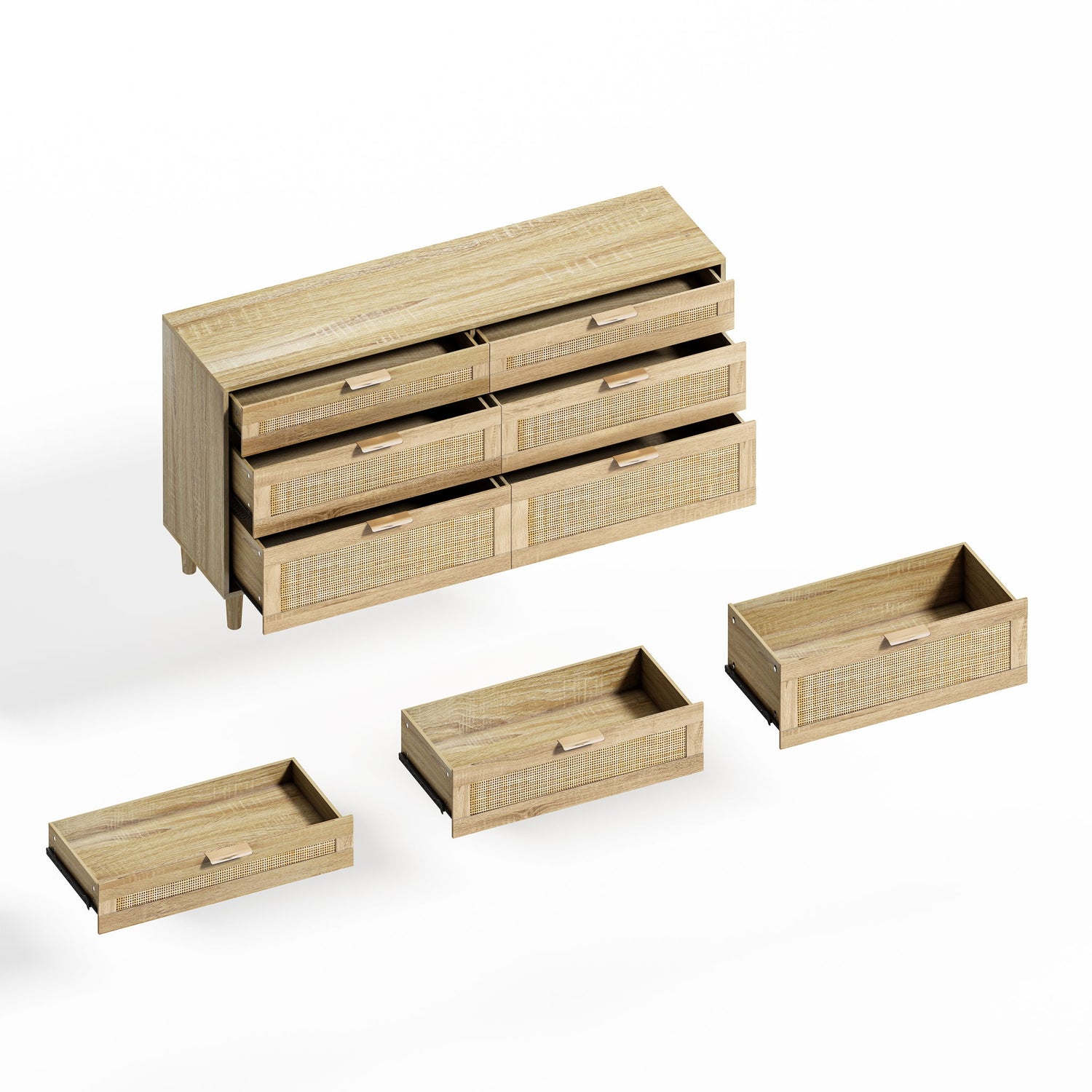 Rattan Dresser With 6 Drawers, Legs &amp; Handles, Storage Cabinet - Natural