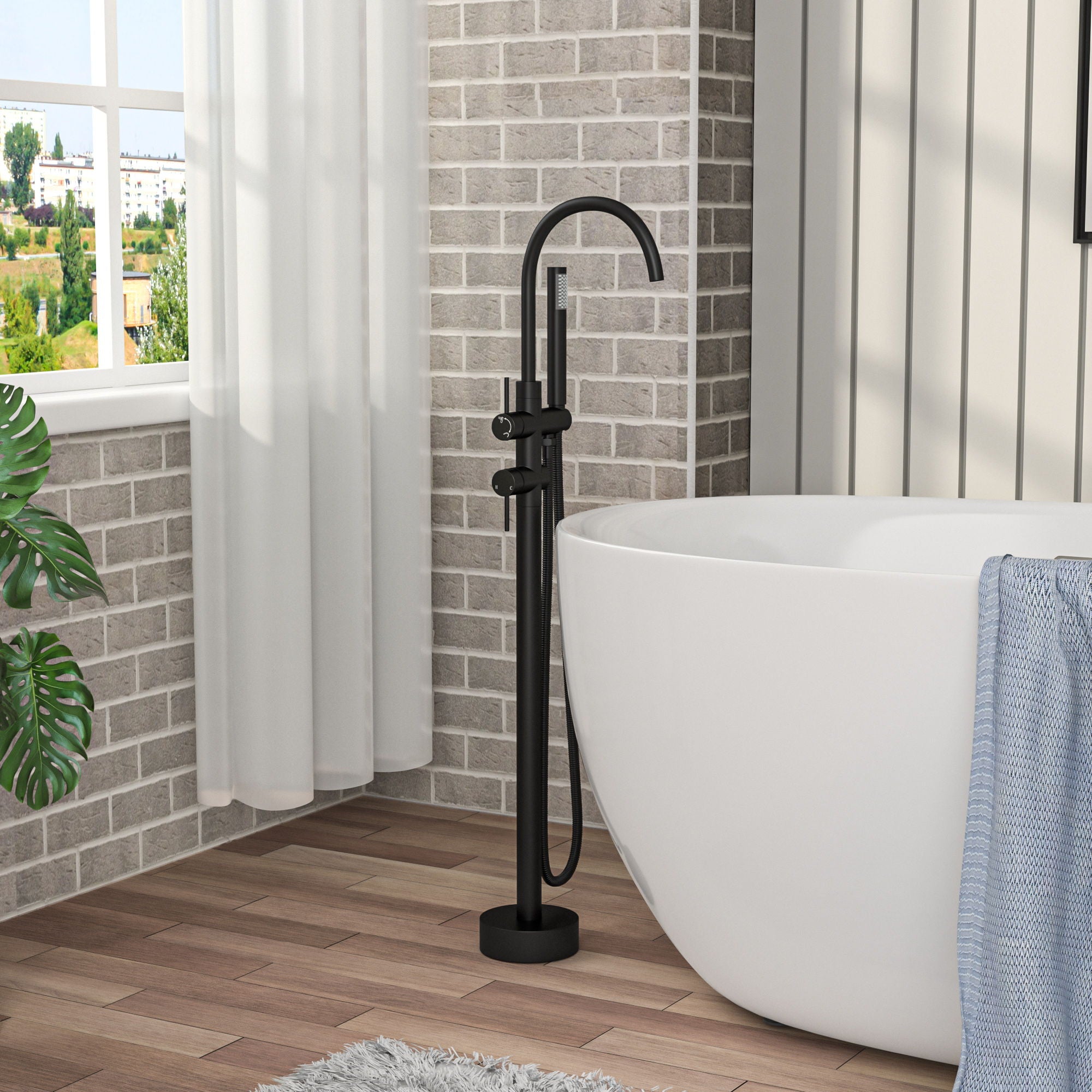 Freestanding Bathtub Faucet Floor Mount Tub Filler With Swivel Gooseneck Spout And Cylinder Handheld
