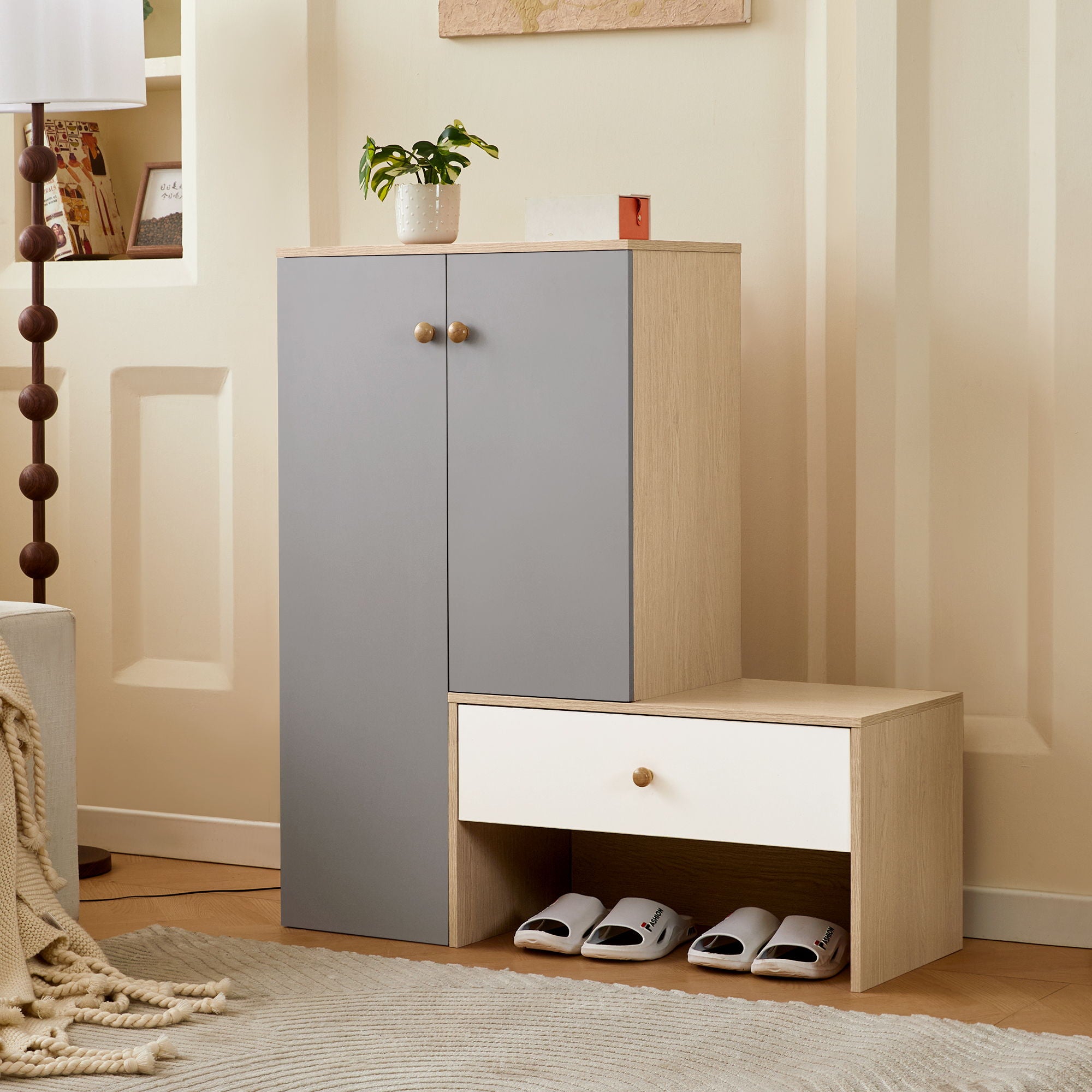 Modern Multi Functional Shoe Storage Bench &amp; Cabinets With Adjustable Shelves - Gray / Natural Wood / White