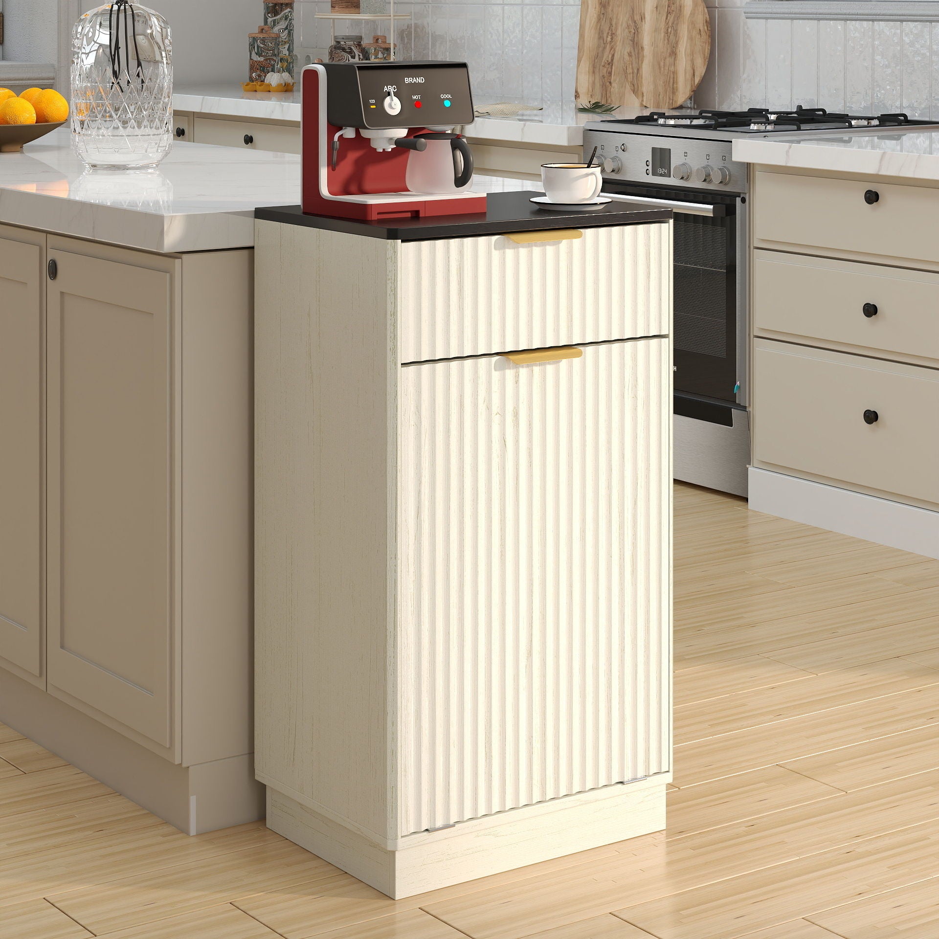 Tilt Out Trash Can Cabinet With Wave Textured Drawer &amp; Pull Out Bin