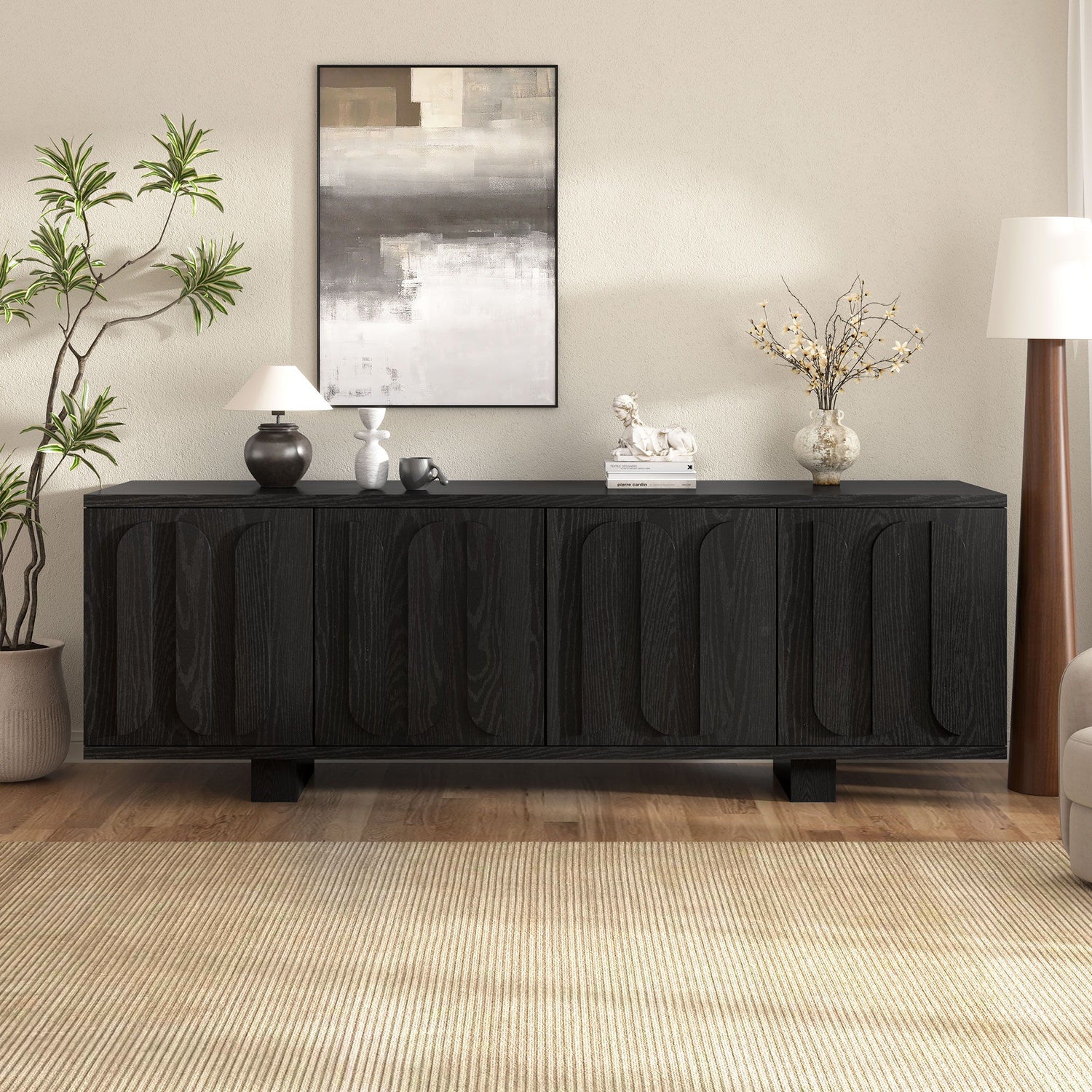 Farmhouse TV Stand, Storage Media Console With Adjustable Shelves &amp; 3 Cable Holes
