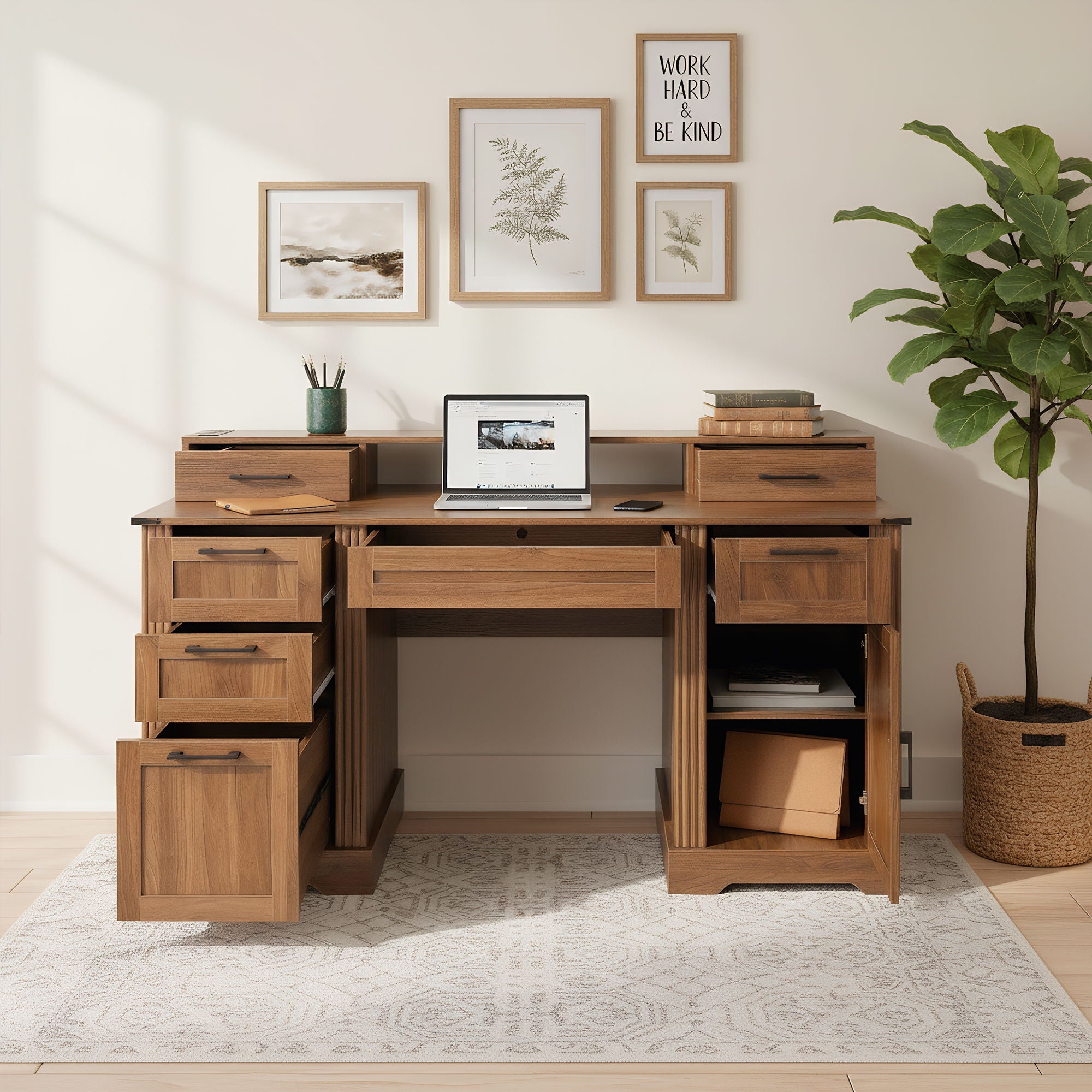 Office Desk With Charging Station &amp; Storage Cabinet