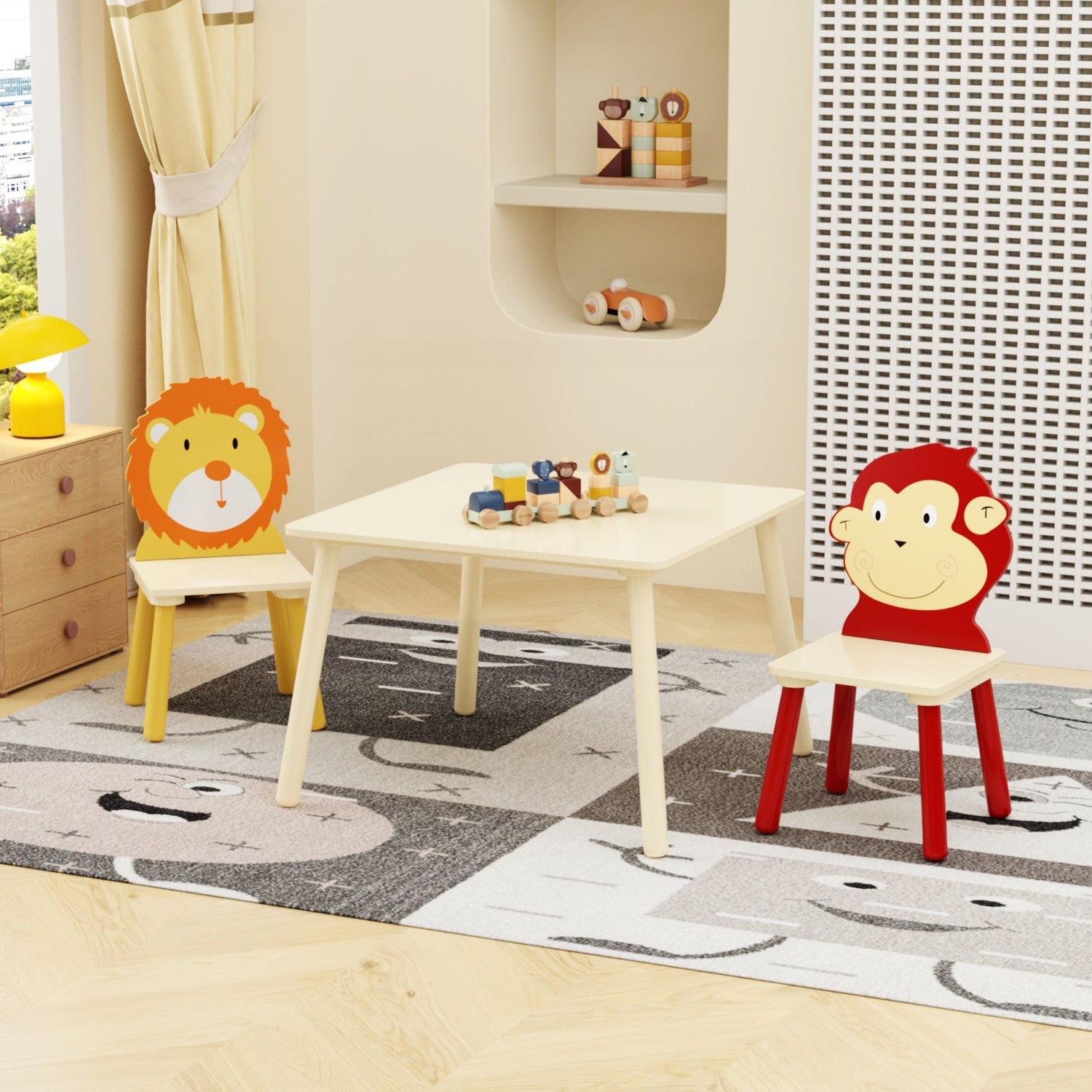 Kids Table And 2 Chairs Set, 3 Pieces Toddler Table And Chair Set, Wooden Activity Play Table Set (Lion&amp;Monkey) - Natural