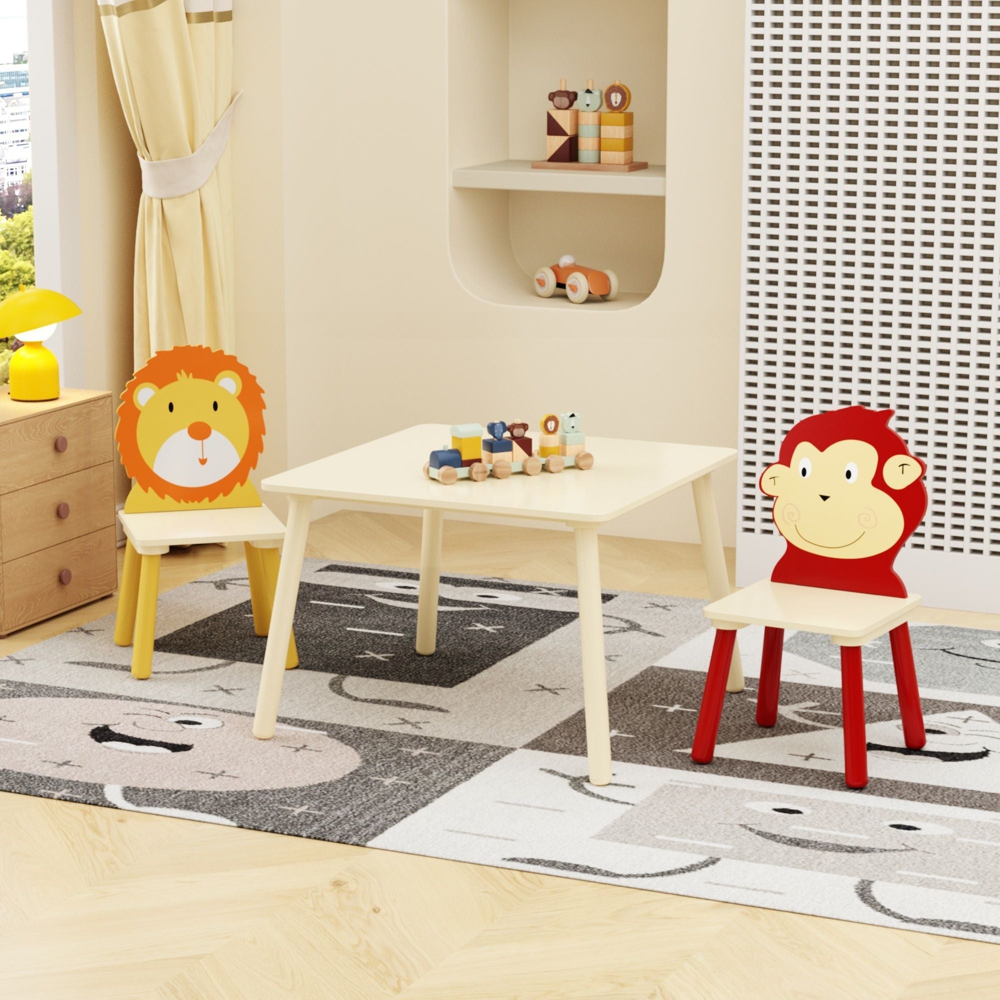 Kids Table And 2 Chairs Set, 3 Pieces Toddler Table And Chair Set, Wooden Activity Play Table Set (Lion&amp;Monkey) - Natural
