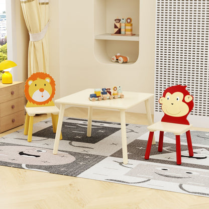 Kids Table And 2 Chairs Set, 3 Pieces Toddler Table And Chair Set, Wooden Activity Play Table Set (Lion&amp;Monkey) - Natural