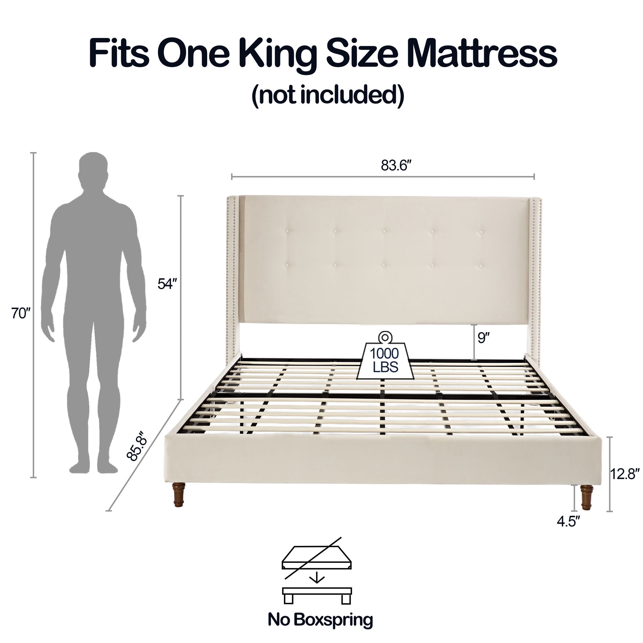 Peyton - Upholstered Bed With 54&quot; High Headboard, Traditional Hand Buttoned Tufting