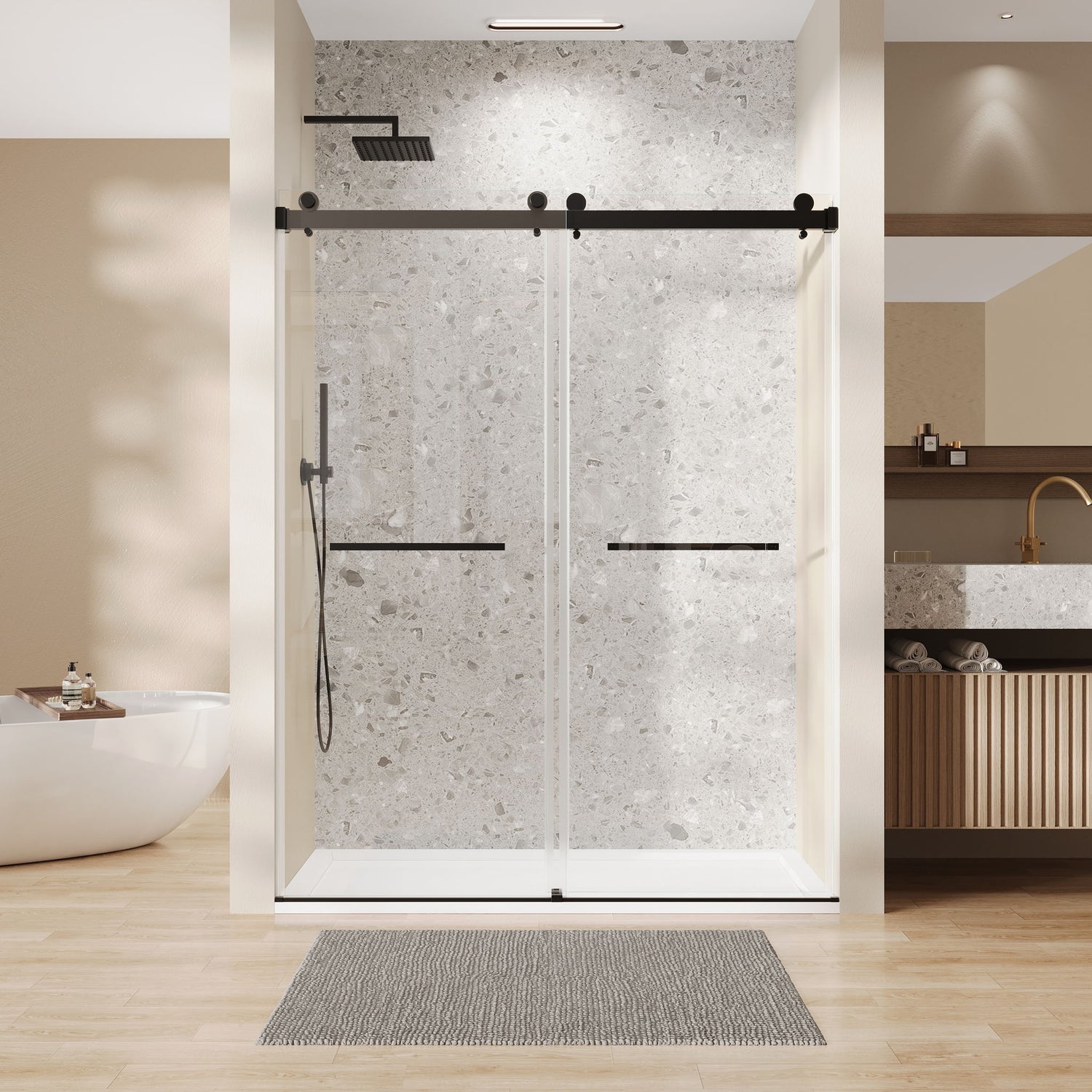 Frameless Double Sliding Soft Close Bathtub Shower Door, 5 / 16&quot; Clear Nano Coated Tempered Glass And 304 Stainless Steel Handle - Matte Black