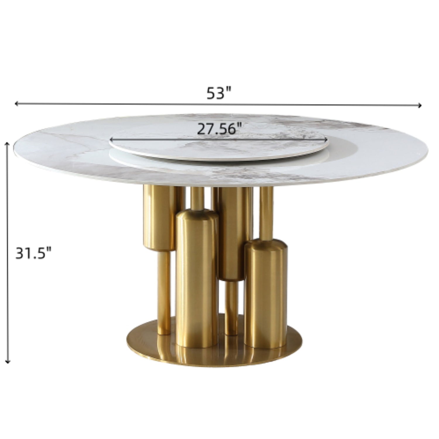 53&quot; Round Marble Dining Table With Lazy Susan, Dining Room, Dinette (Table Only) - Gold / Gold / White