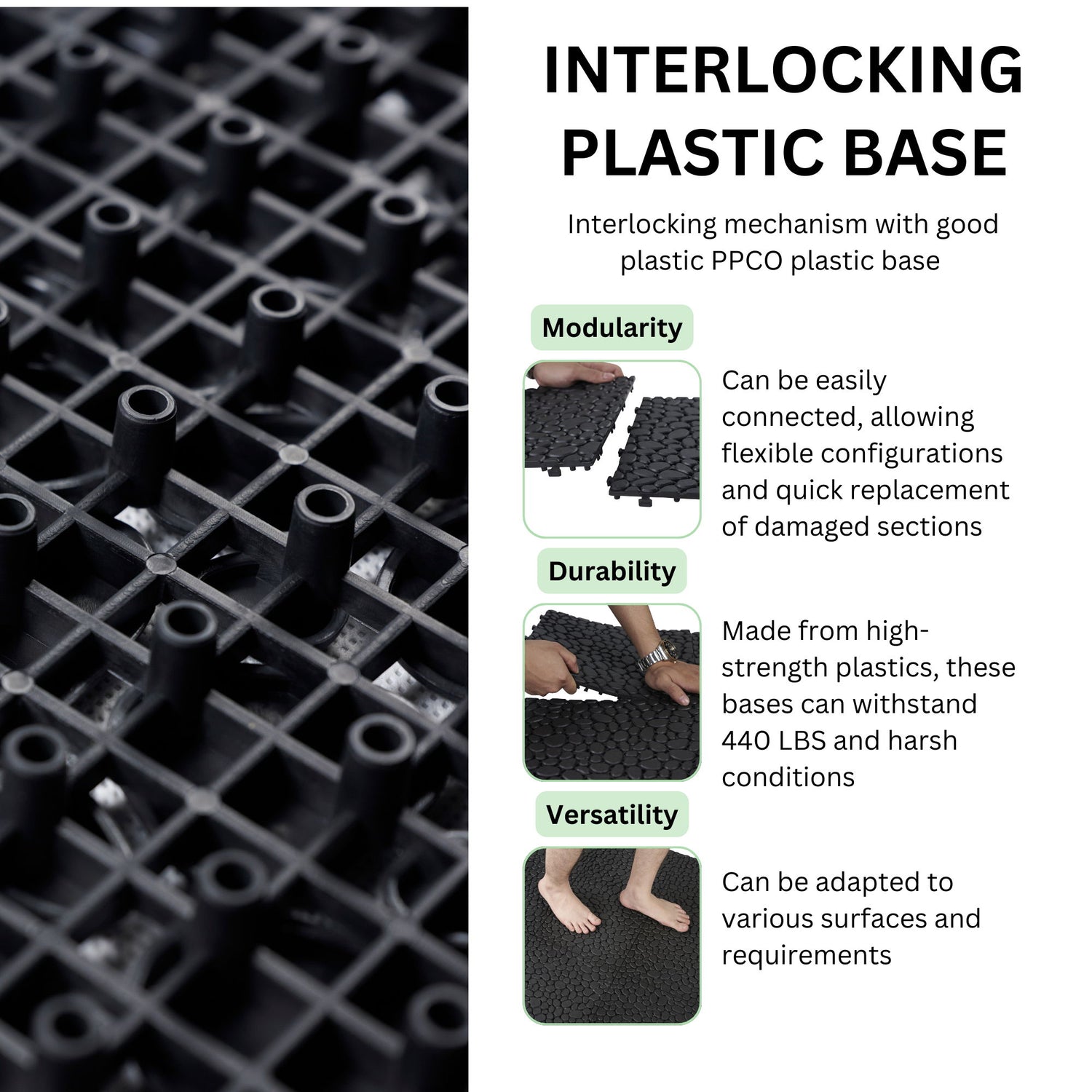 Interlocking Deck Tiles Plastic Waterproof Outdoor All Weather Anti-Slip Bathroom Shower Balcony Porch Strong Weight Capacity Upto 440 Lbs, Pebble Stone Pattern