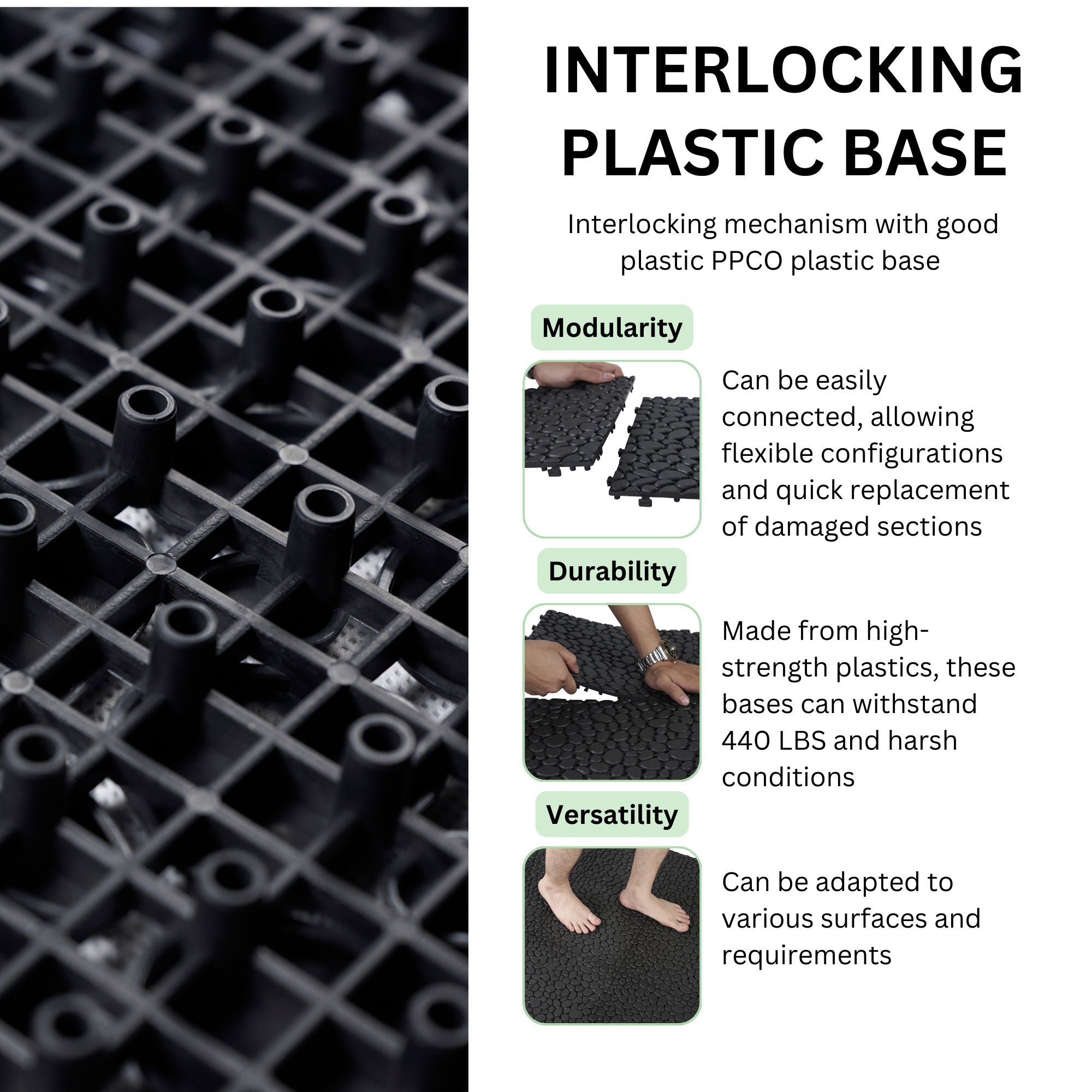 Interlocking Deck Tiles Plastic Waterproof Outdoor All Weather Anti-Slip Bathroom Shower Balcony Porch Strong Weight Capacity Upto 440 Lbs, Pebble Stone Pattern