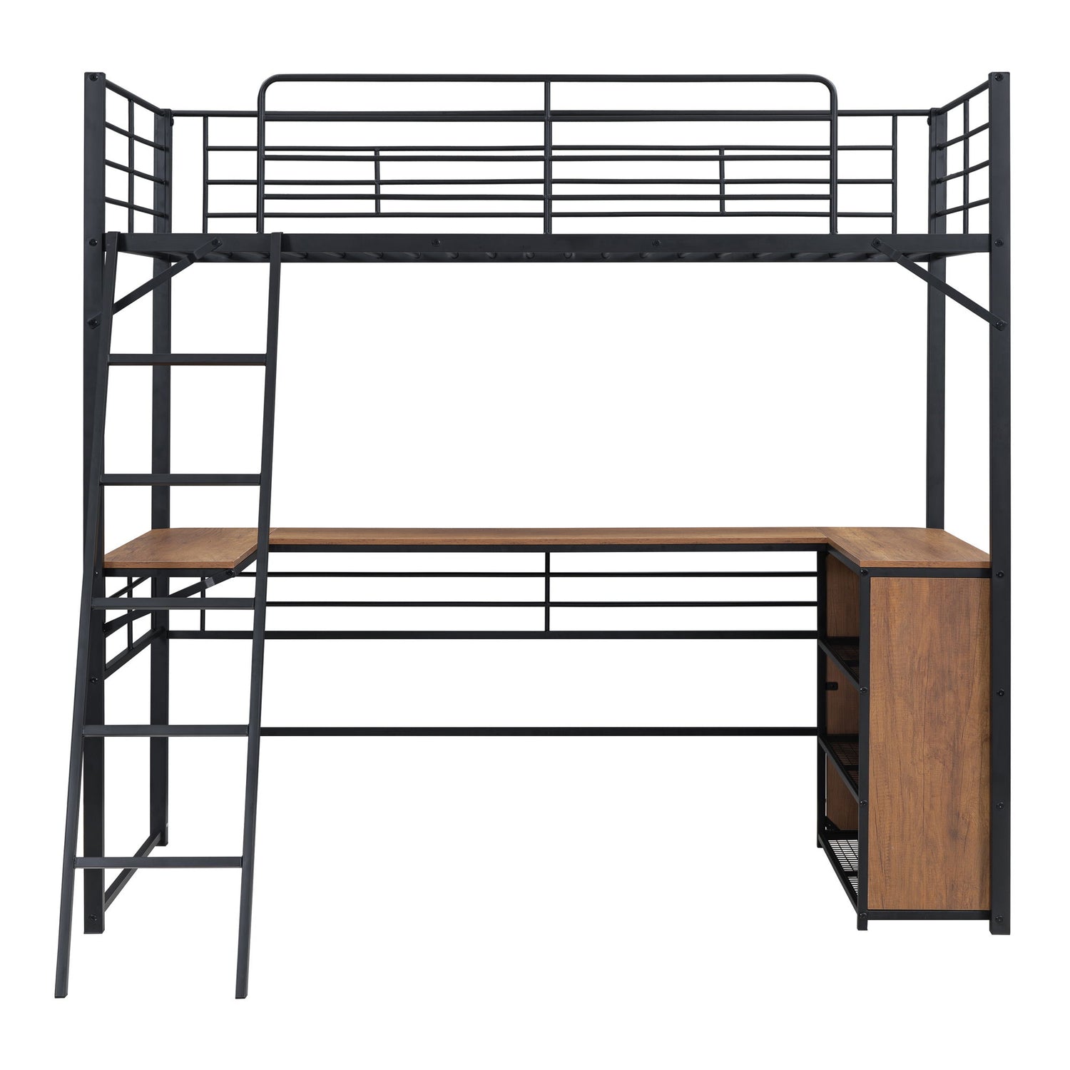 Loft Bed &amp; 3 Layers Of Shelves And L-Shaped Desk