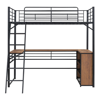 Loft Bed &amp; 3 Layers Of Shelves And L-Shaped Desk