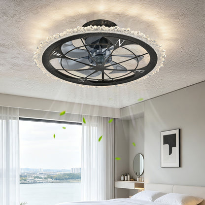 Caged Ceiling Fan &amp; Remote Controlled Dimmable LED Lights, Flush Mount Fan, Low Profile Design - Antique Black