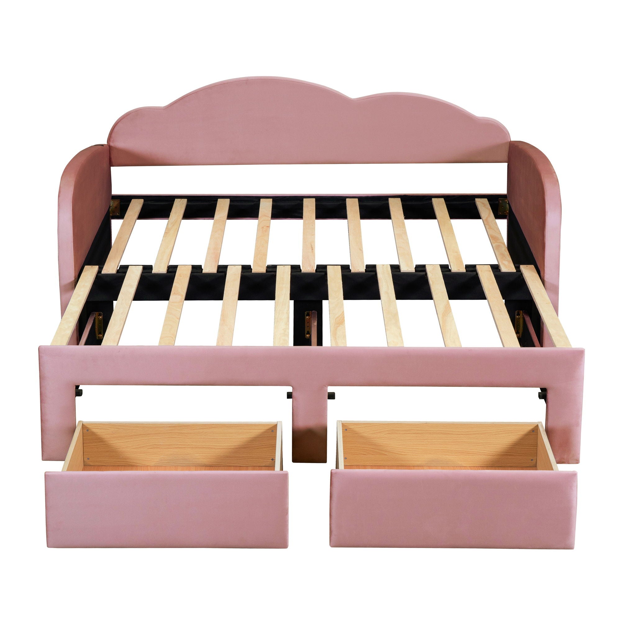 Upholstered Daybed With Cloud-Shaped Backrest, Trundle &amp; 2 Drawers And USB Ports