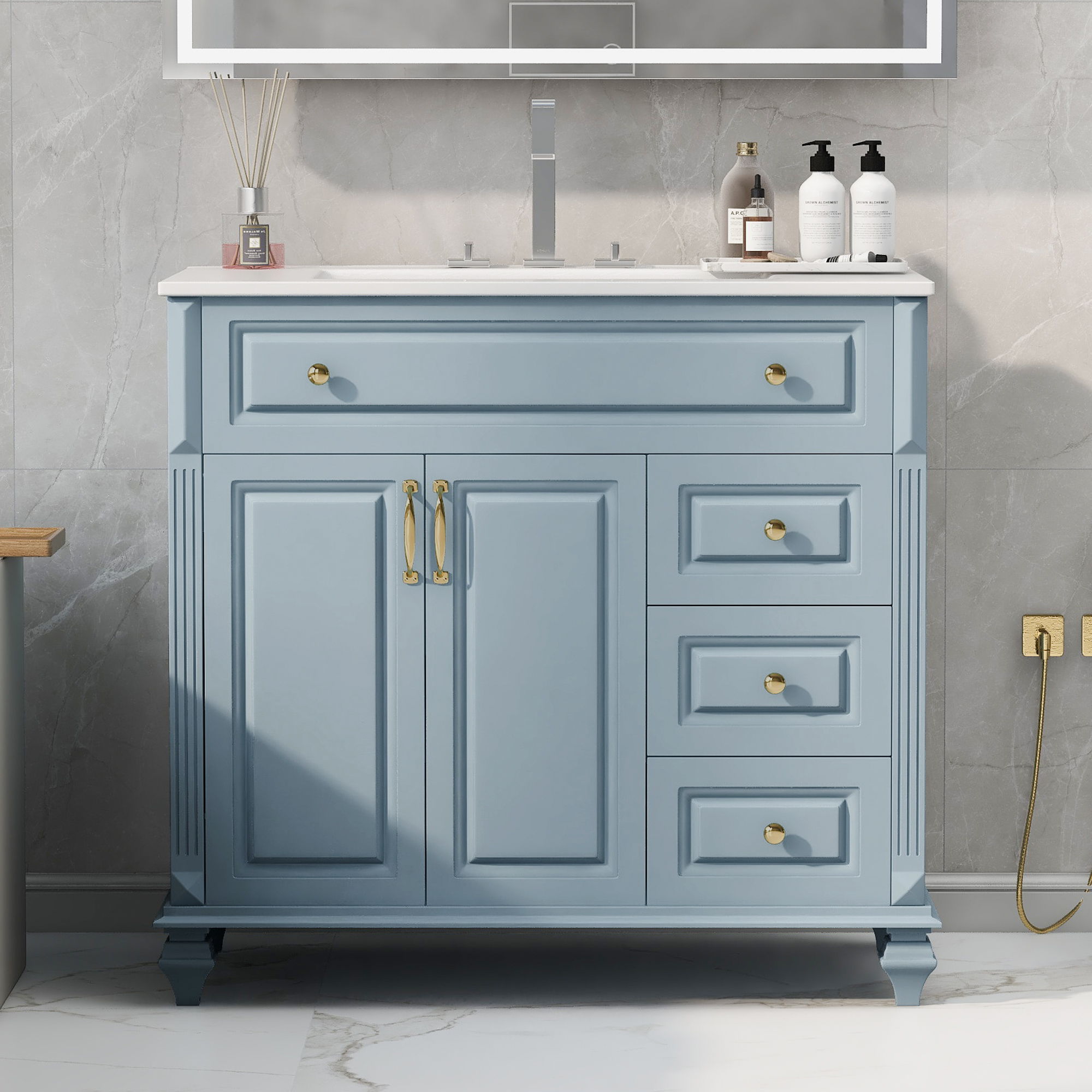 Modern Bathroom Vanity With Sink, 3 Drawers &amp; 2 Doors