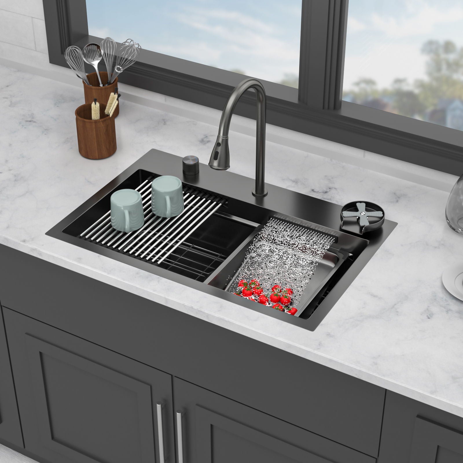 Drop In Waterfall Kitchen Sink With Pull Out Faucet &amp; Cup Washer