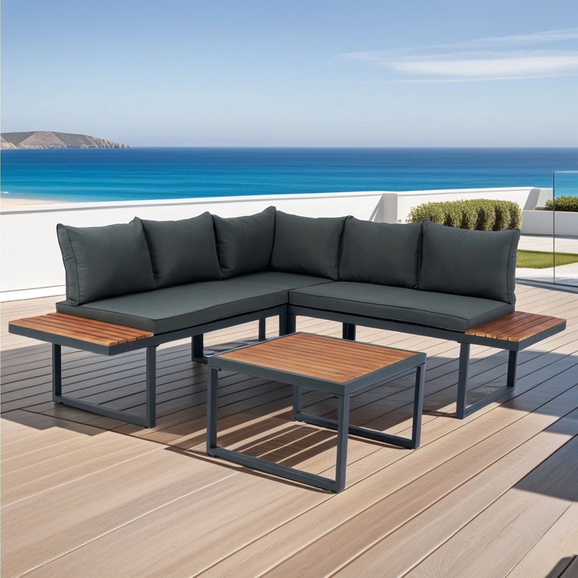 4 Piece L-Shaped Patio Wicker Outdoor 5 Seater Sectional Sofa Seating Group Conversation Sets With Side Table &amp; Cushions - Dark Gray