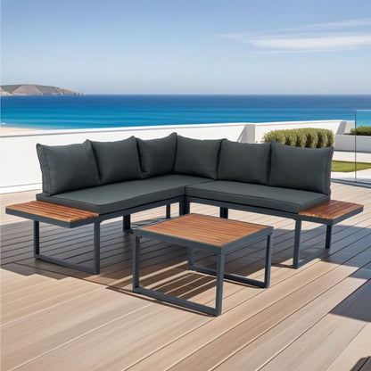 4 Piece L-Shaped Patio Wicker Outdoor 5 Seater Sectional Sofa Seating Group Conversation Sets With Side Table &amp; Cushions - Dark Gray