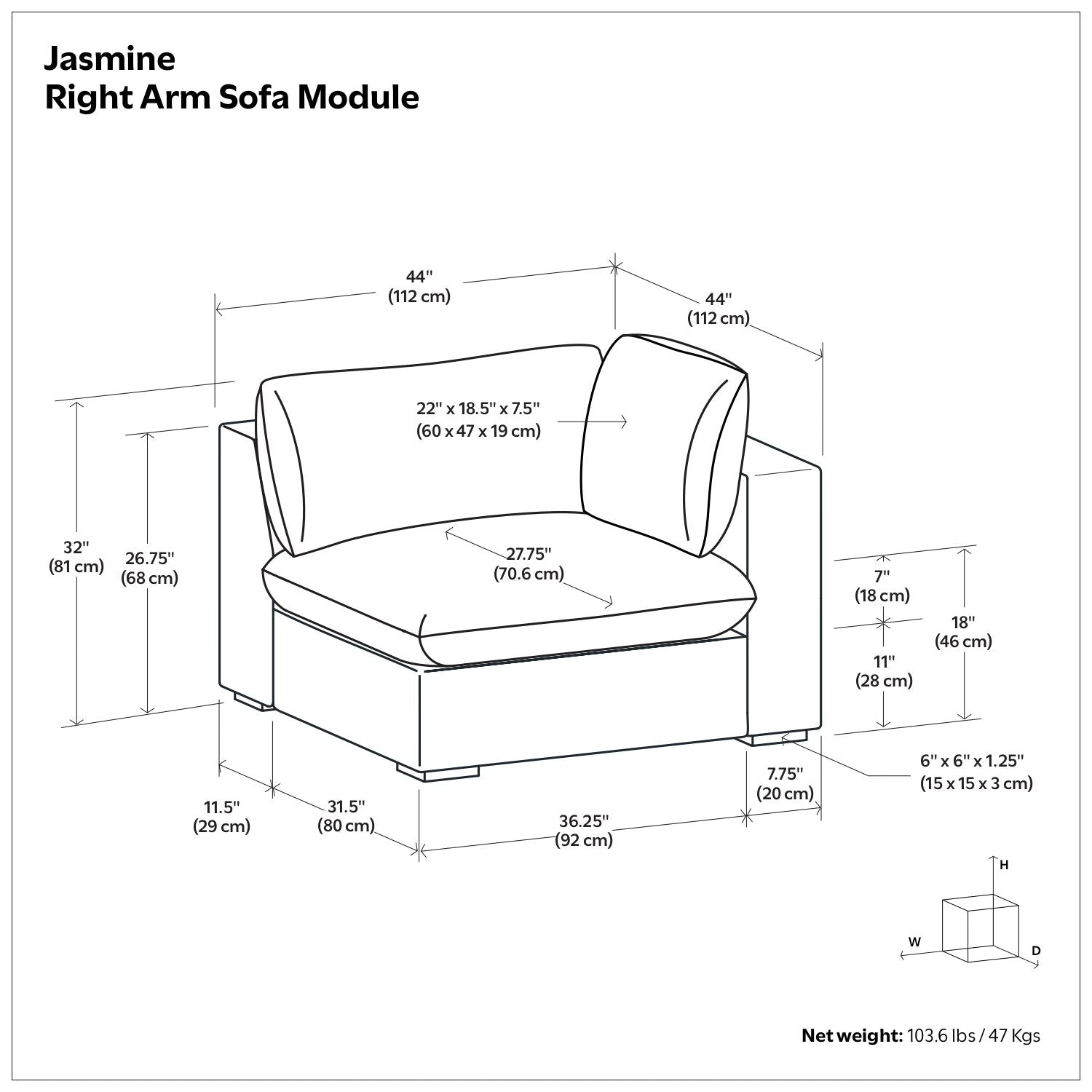 Jasmine - Right Arm Sofa Module - Gray