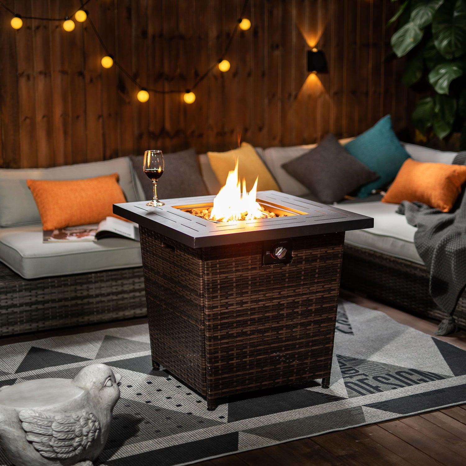 28&quot; Wicker Square Fire Pit Table - Black Brown