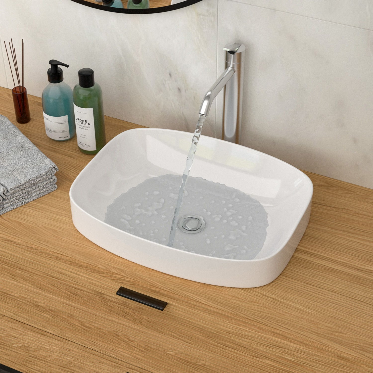 Modern Semi Recessed Ceramic Bathroom Sink With Vessel Design - White