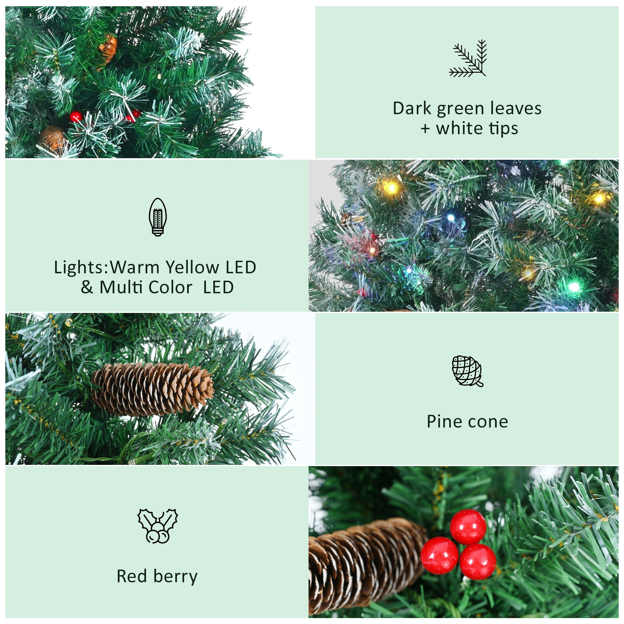 6FT Dark Green Pine Christmas Tree, Pre-Lit Set with Tree &amp; Garland &amp; Wreath, Hinged Artificial Xmas Tree with White Tips, Red Berries and Pine Cones, 11 Colorful Modes, Indoor Holiday Decoration