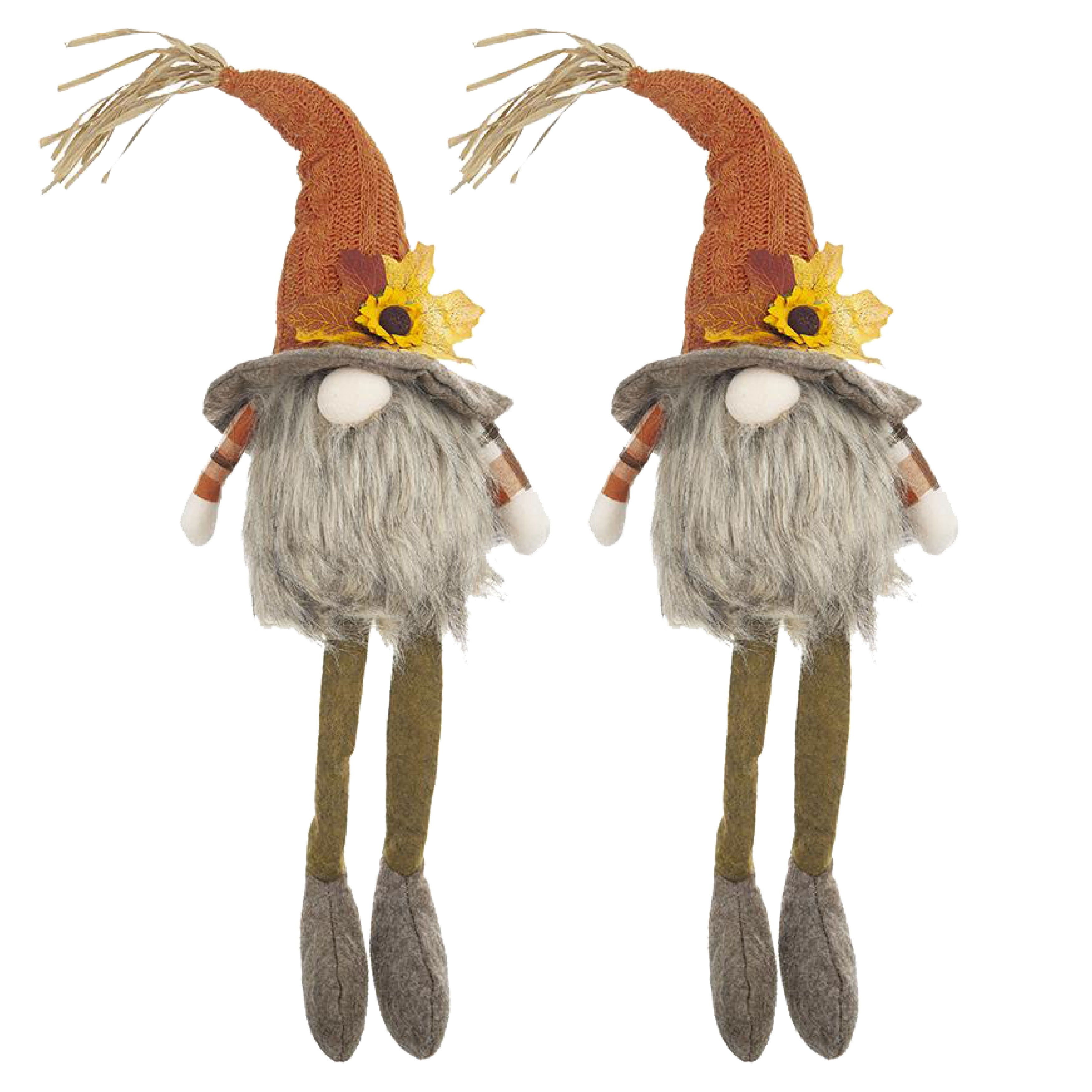 Sitting Gnome With Maple Leaf On Hat, For Holiday Harvest Festival Fall Festival &amp; Thanksgiving Table Decorations (Set of 2) - Orange Multi