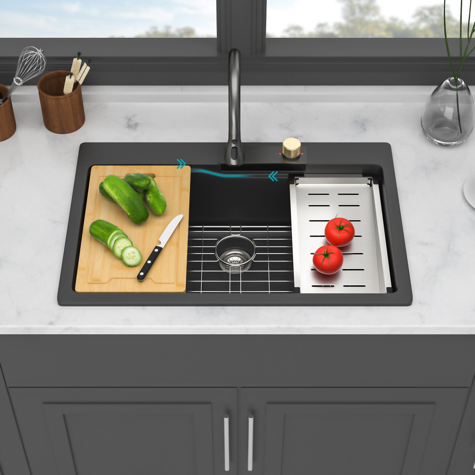 Waterfall Kitchen Sink With Pull Out Faucet &amp; Cup Washer