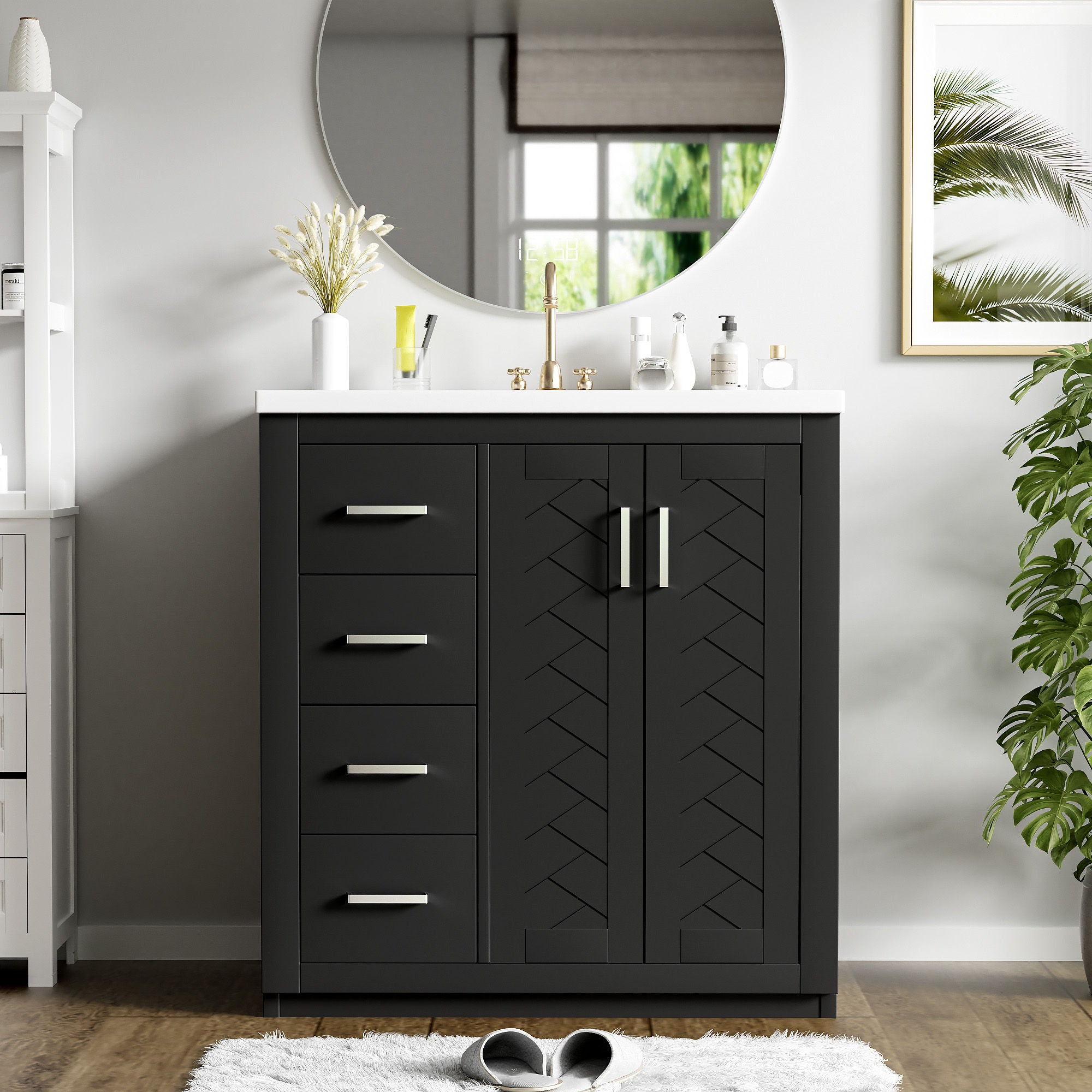 Ceramic Sink Combo, Freestanding Vanity Set With 3 Drawers &amp; Soft Closing Doors