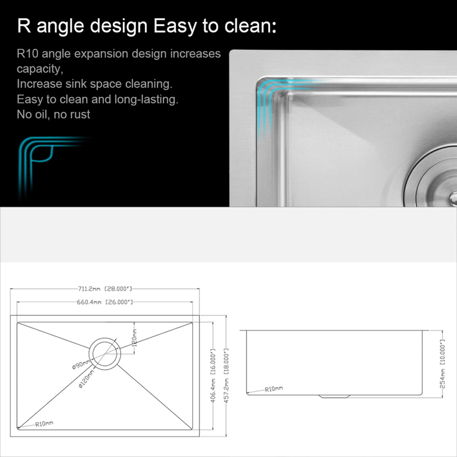 28&quot; Undermount Kitchen Sink With, 10&quot; Deep, Single Bowl, Rounded Corners - Brushed Nickel