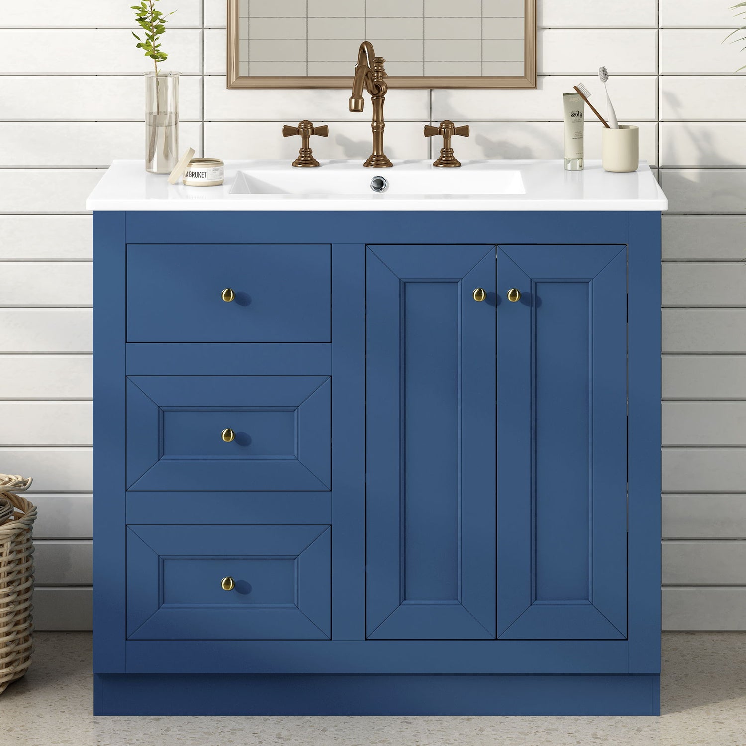 Bathroom Vanity With Ceramic Sink, Bathroom Storage Cabinet With 2 Drawers &amp; Shelf, Freestanding Bathroom Cabinet - Blue