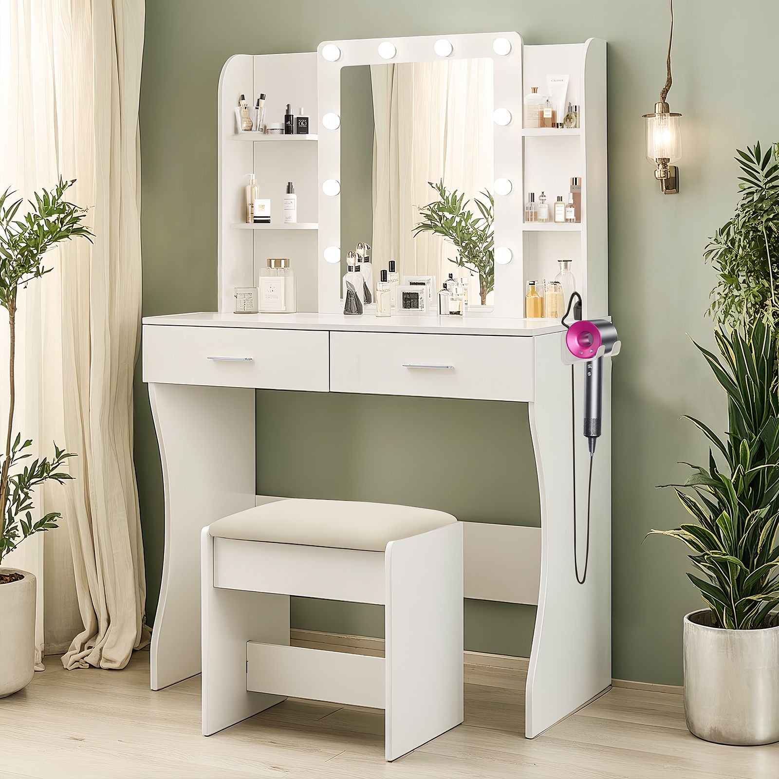 Vanity Desk Set With Mirror &amp; Adjustable Lights Power Outlet And Hair Dryer Rack 2 Drawers And 6 Shelves Includes Cushioned Stool - White