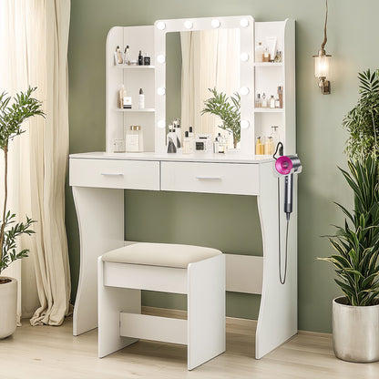 Vanity Desk Set With Mirror &amp; Adjustable Lights Power Outlet And Hair Dryer Rack 2 Drawers And 6 Shelves Includes Cushioned Stool - White