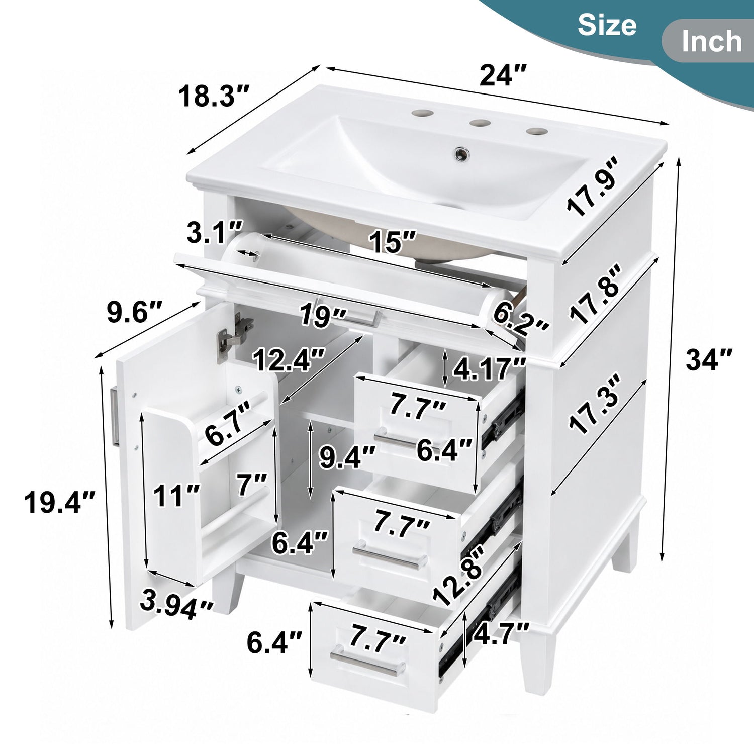 Modern Bathroom Vanity With Sink, Flip Drawer &amp; 3 Drawers, Soft Close Hinges, Adjustable Shelf