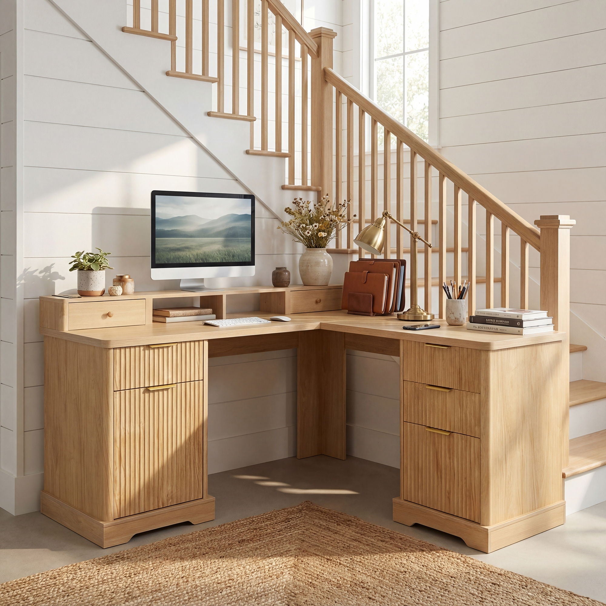 Fluted L-Shaped Desk With Charging Station &amp; Storage Cabinet