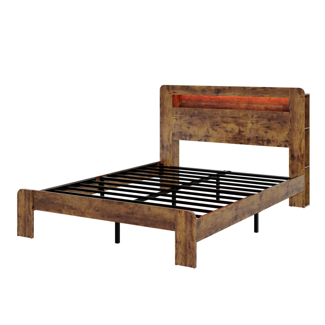 Wood Platform Bed Frame With Storage LED Light Headboard &amp; USB