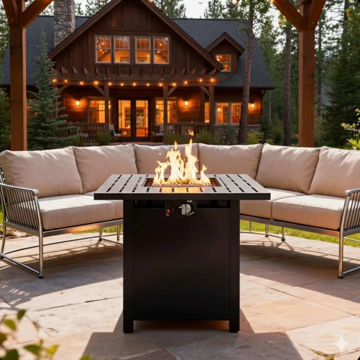 Square 2 In 1 Outdoor Propane Fire Pit Table With Stainless Burner, Lava Rocks, Lid &amp; Waterproof Cover - Black