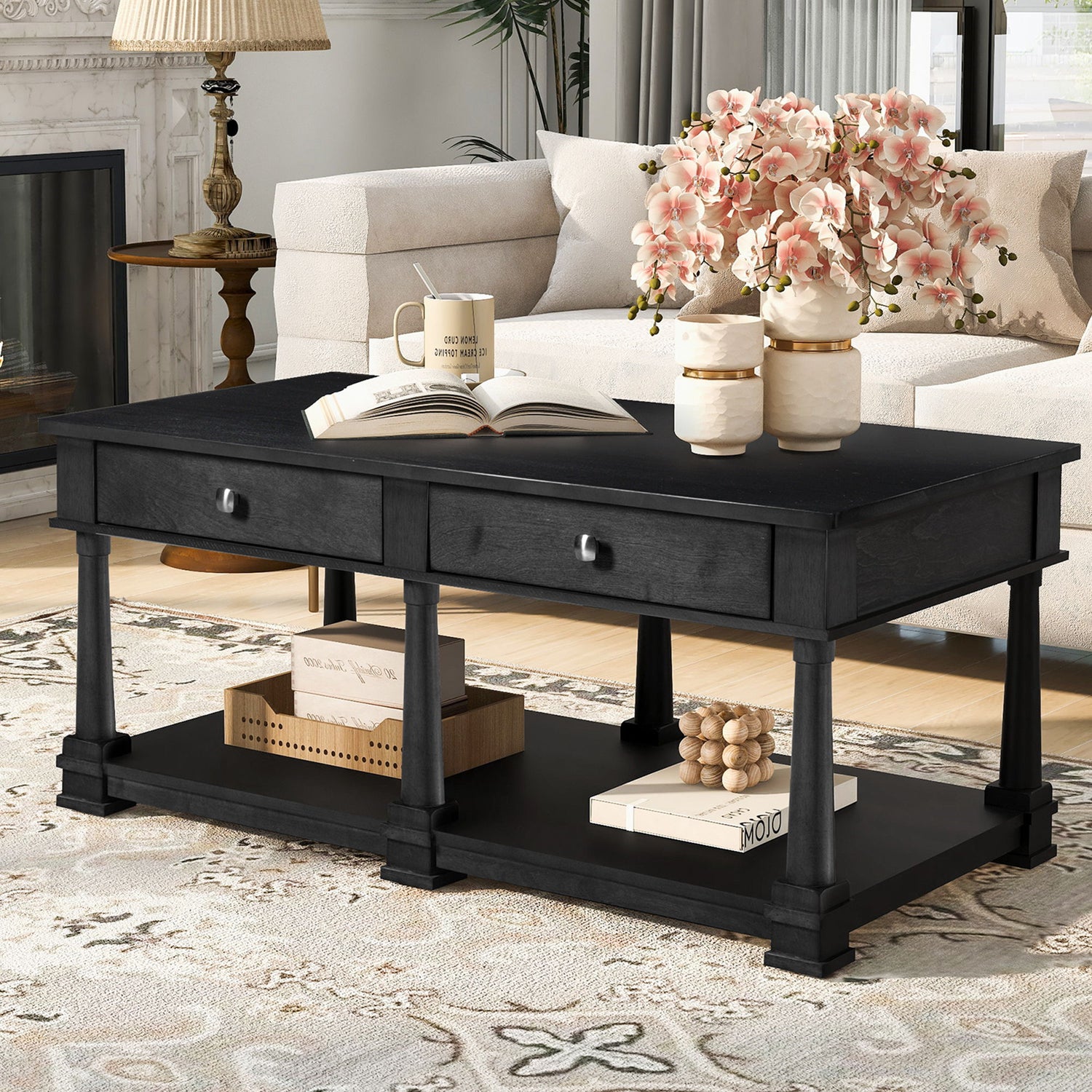 Coffee Table With 2 Storage Drawers &amp; Lower Open Shelf