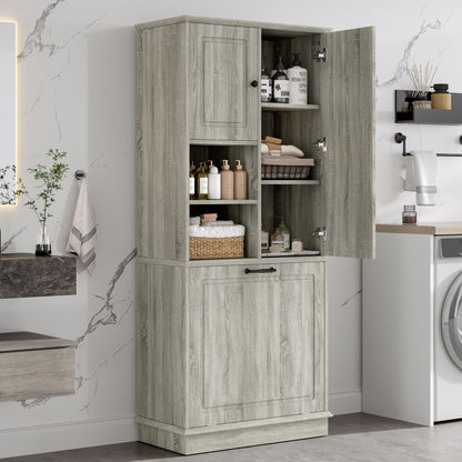 Modern Tall Storage Cabinet With Adjustable Shelves, Flip-Out Basket &amp; Enclosed Doors