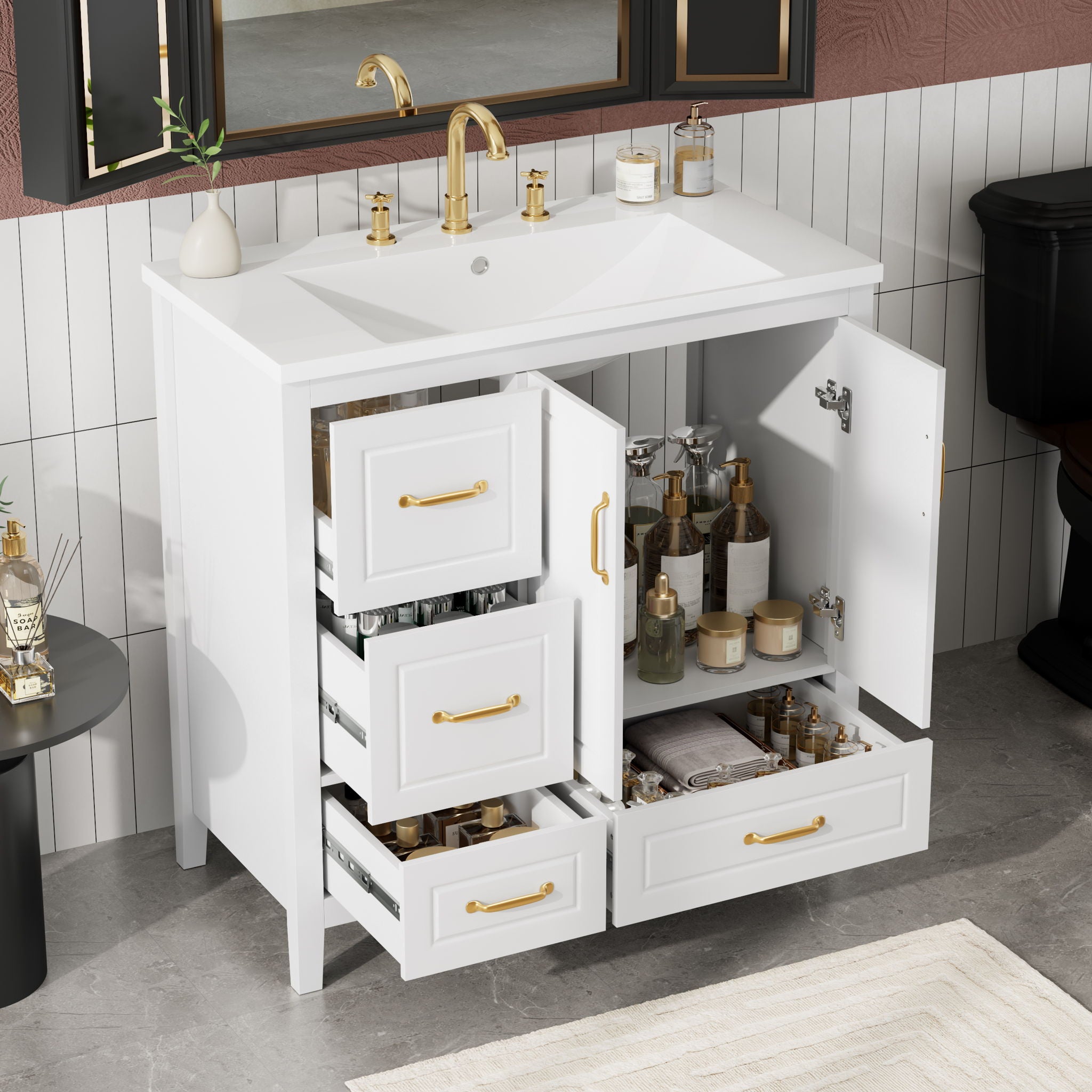 Bathroom Vanity With Sink, Soft Closing Doors &amp; Drawers, Metal Handles