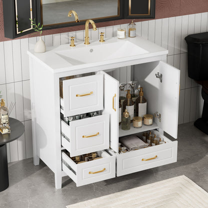 Bathroom Vanity With Sink, Soft Closing Doors &amp; Drawers, Metal Handles
