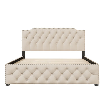 Queen Size Upholstered Platform Bed With Twin Size Trundle And 2 Sets Of USB Ports On Each Side - Beige