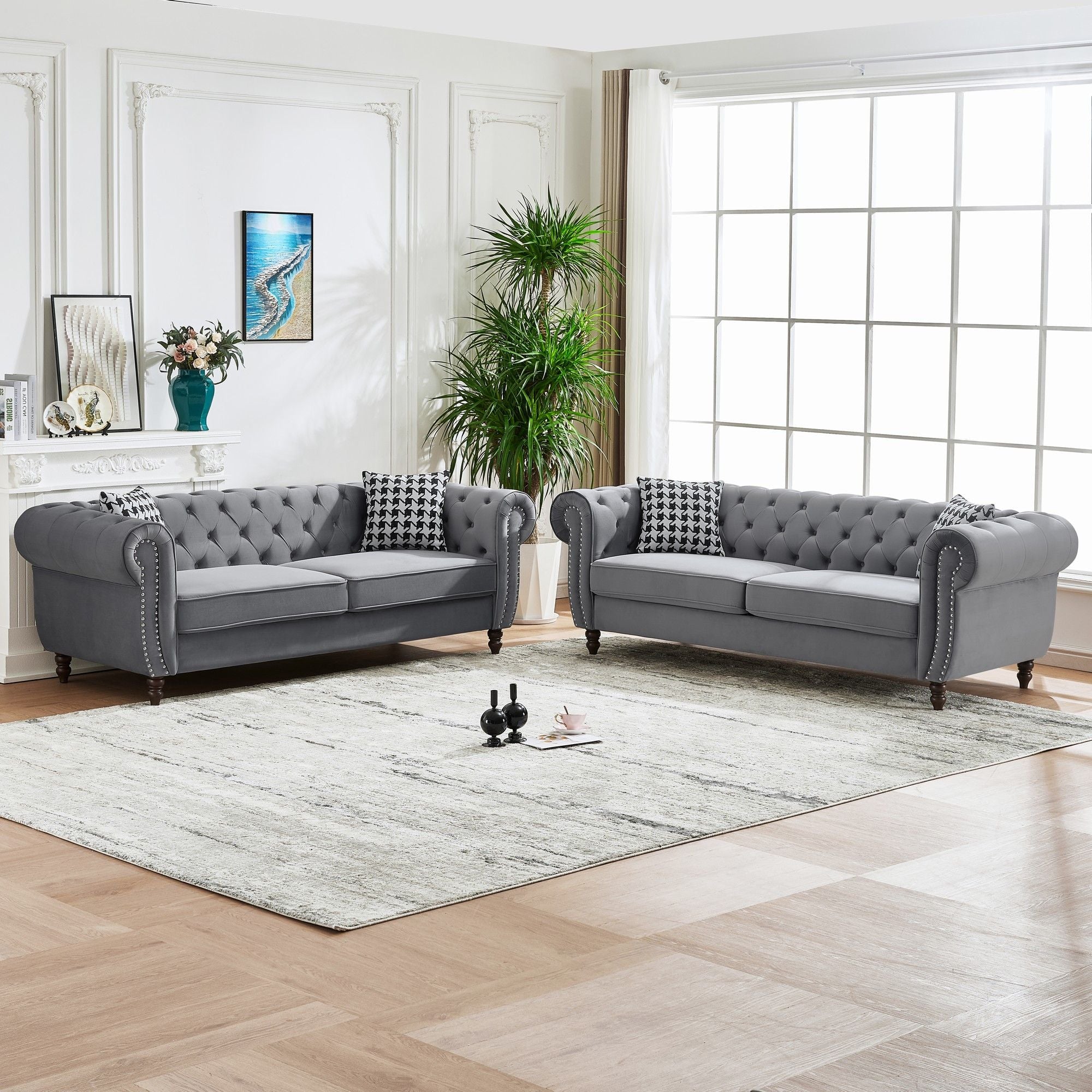 Chesterfield Velvet Upholstery Fabric Sofa With Roll Armrest &amp; Nailhead, Mid Century Modern 3 And 3 Seater Couch
