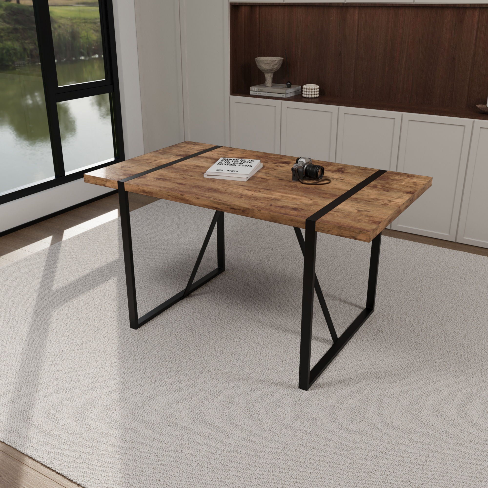 Modern Rural Industrial Dining Table, 55&quot; Rectangular Wood With Metal Legs, Seats 4 - 6 - Wood