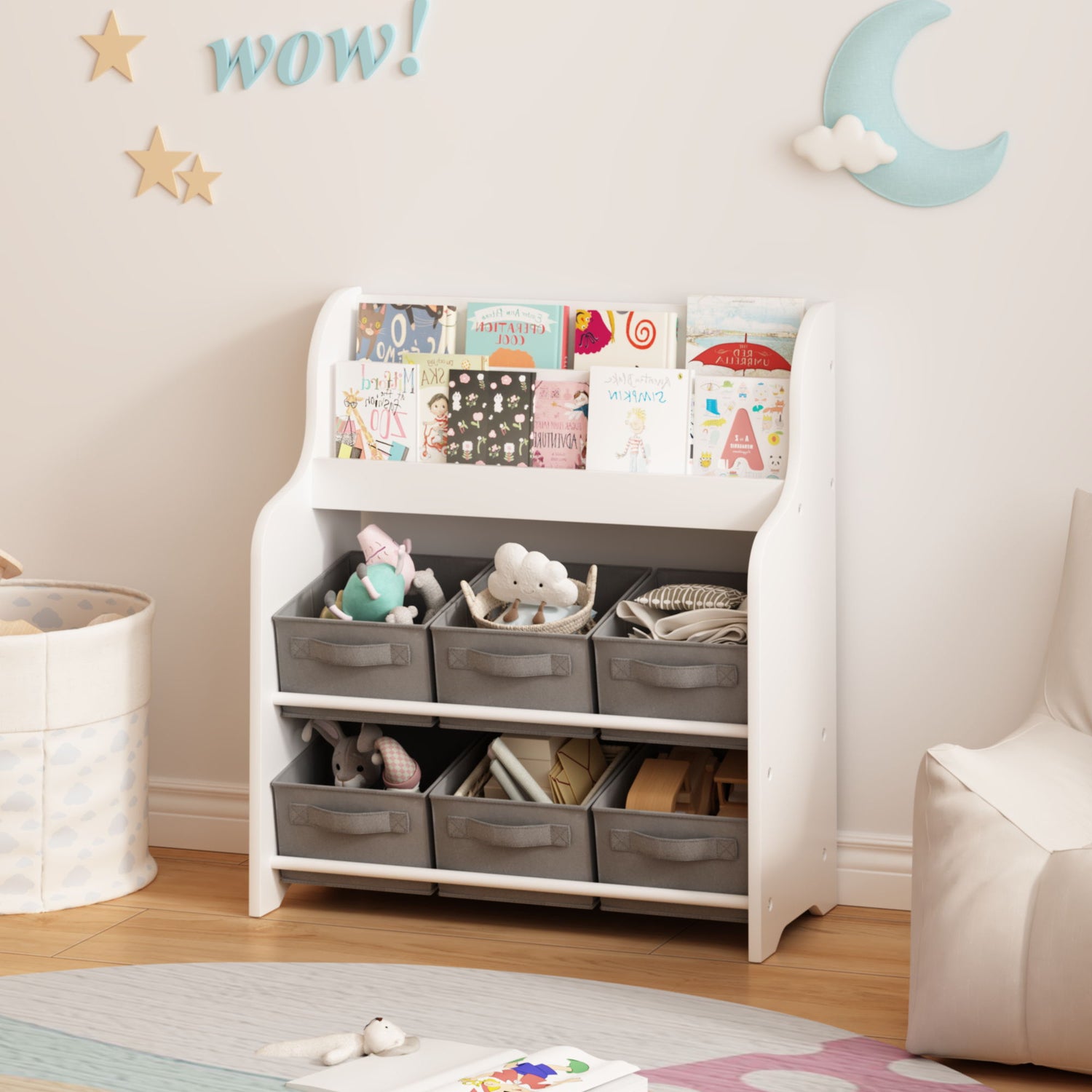 Bookshelf With 6 Storage Bins, Multi Functional Children&