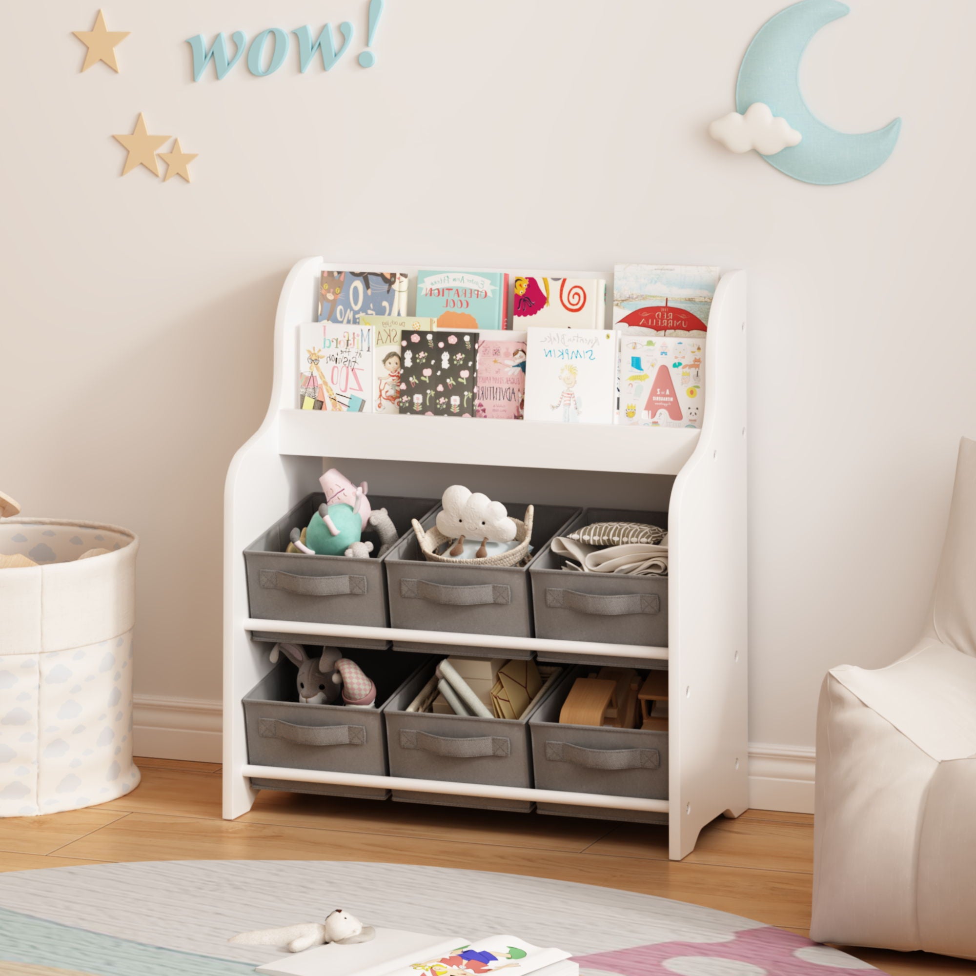 Bookshelf With 6 Storage Bins, Multi Functional Children&
