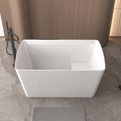 Freestanding Bathtub With Built In Seat, Rectangle Shape, Invisible Overflow &amp; Pop Up Drain - Gloss White
