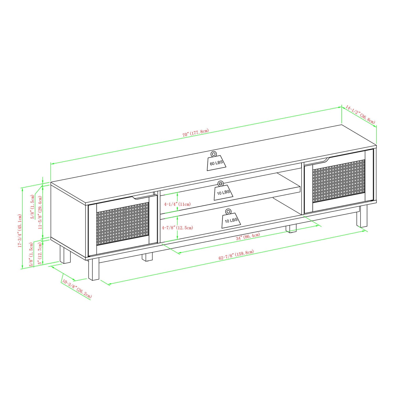 Modern Rattan Door Low TV Stand For TVs Up To 80&quot; - Black