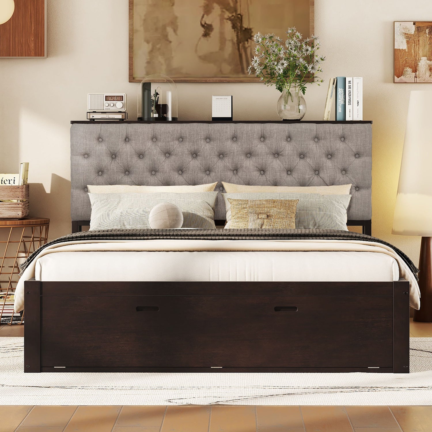 Platform Bed With Storage Headboard, Shoe Rack And 4 Drawers