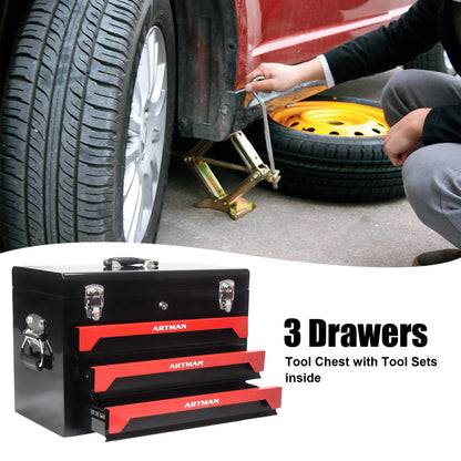 Portable 20&quot; Steel Tool Box With 3 Drawers And Metal Latch Closure - Black / Red